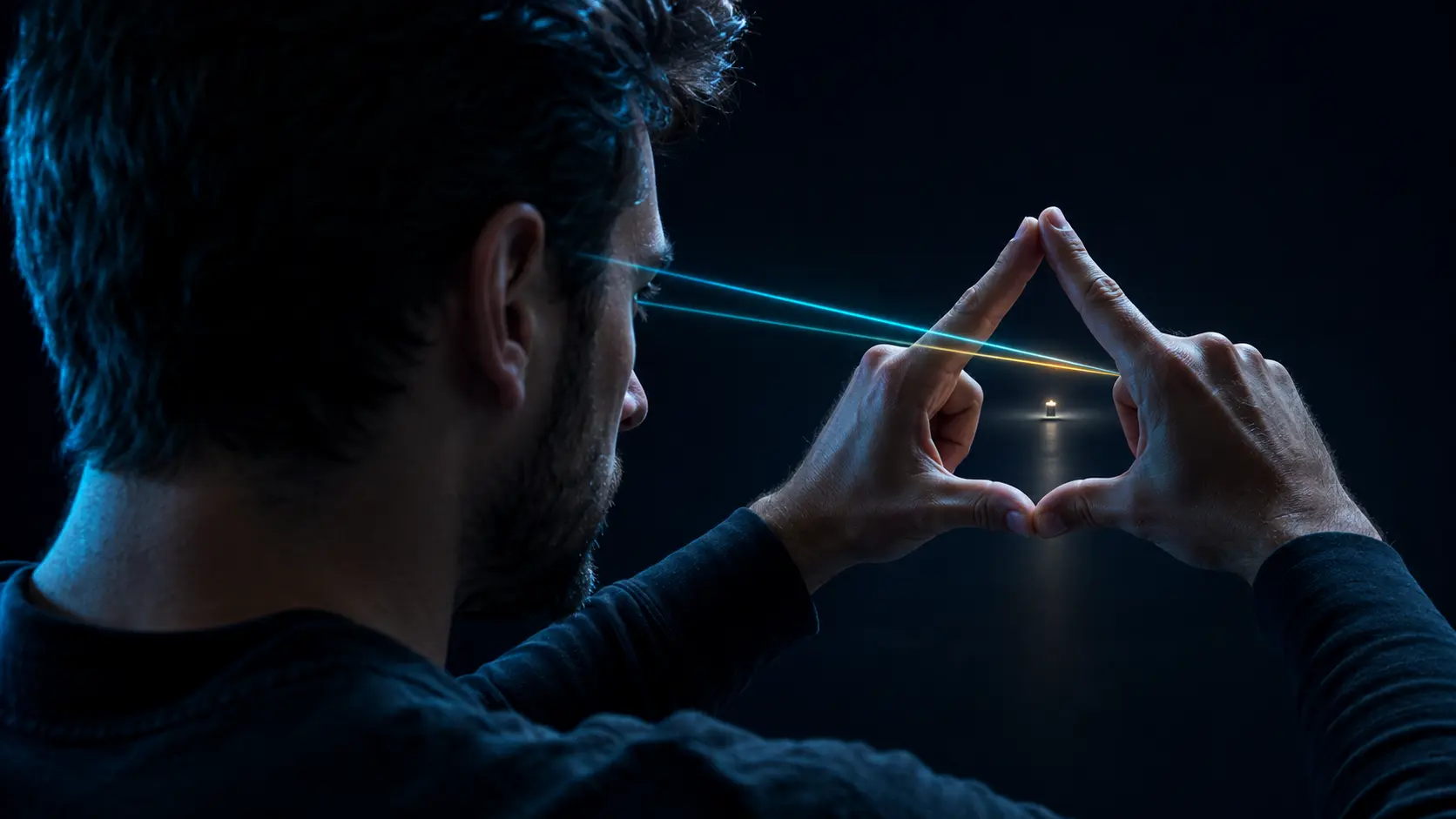 A person aligning a distant target through a small opening with both eyes