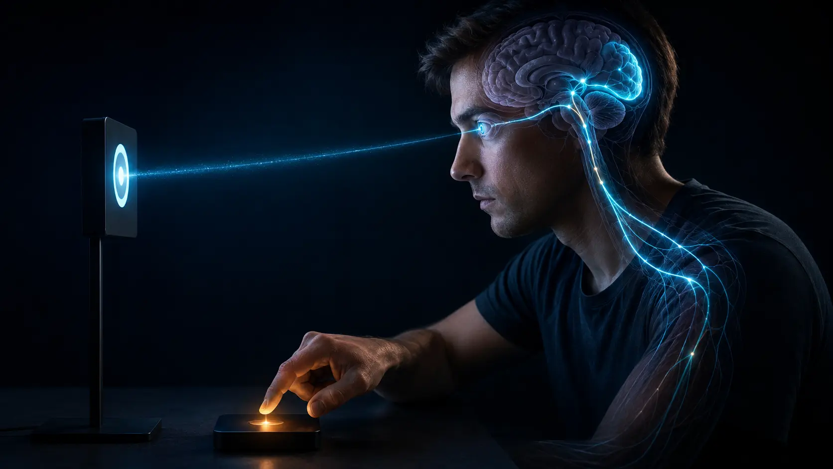 A visual signal traveling from the eye through the brain to a hand ready to respond